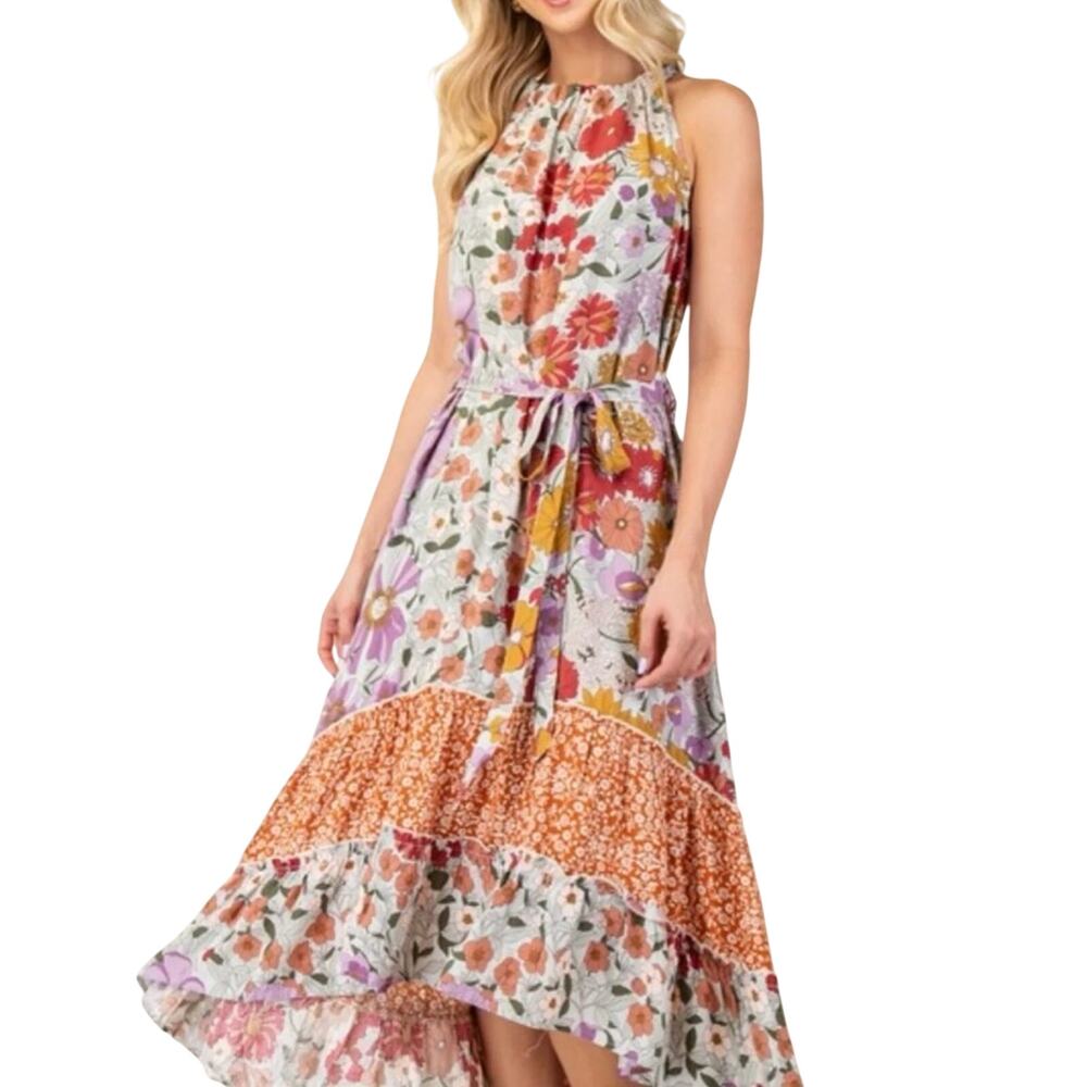 Gigio Floral High Low Maxi Dress Small Boho Tie Waist Fall Wedding Guest